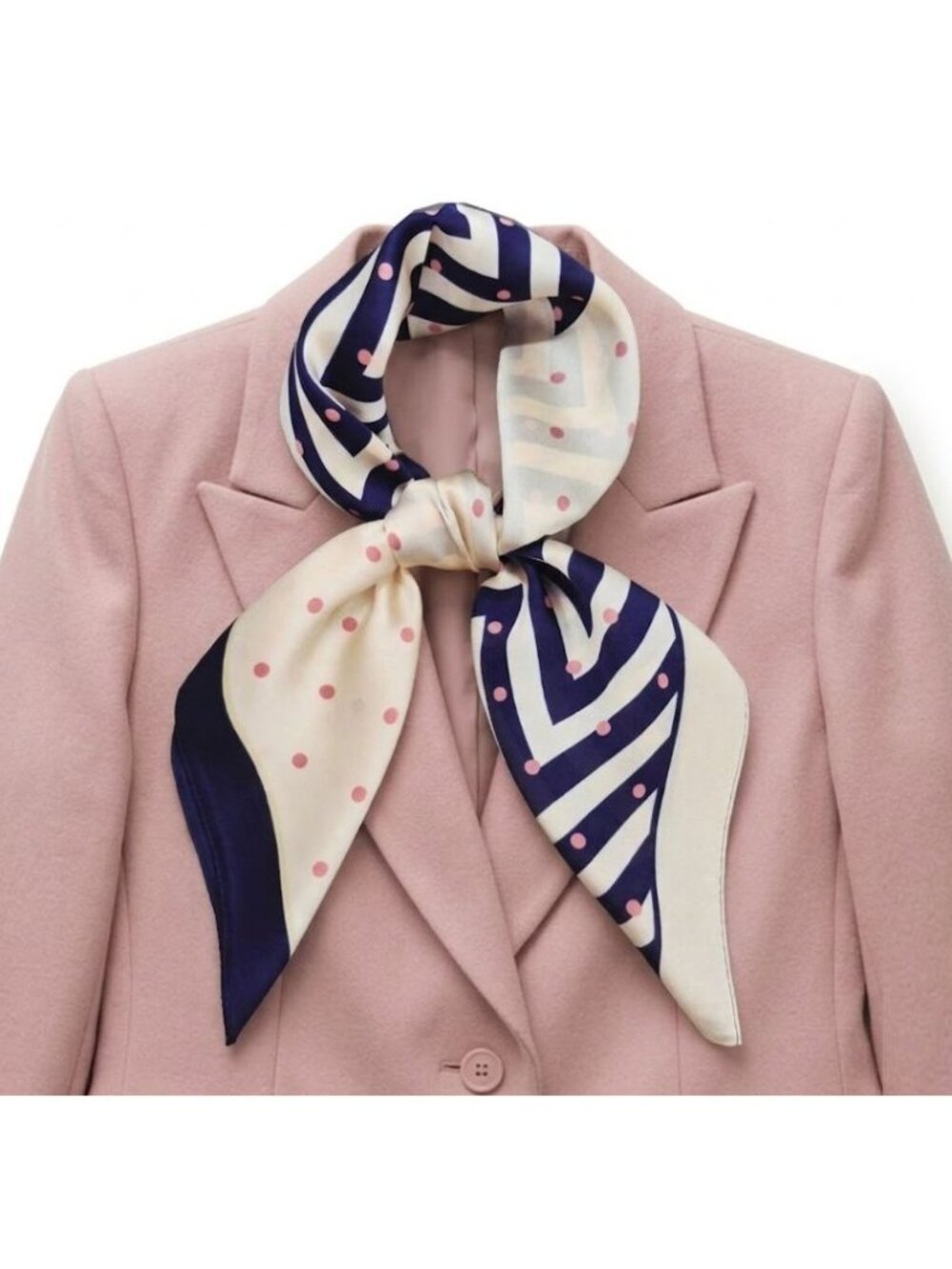 ✨Luxury Elegant Silky Scarf Navy Blue Beige Pink Polka Dot Zigzag Square Wrap - Picture 2 of 5